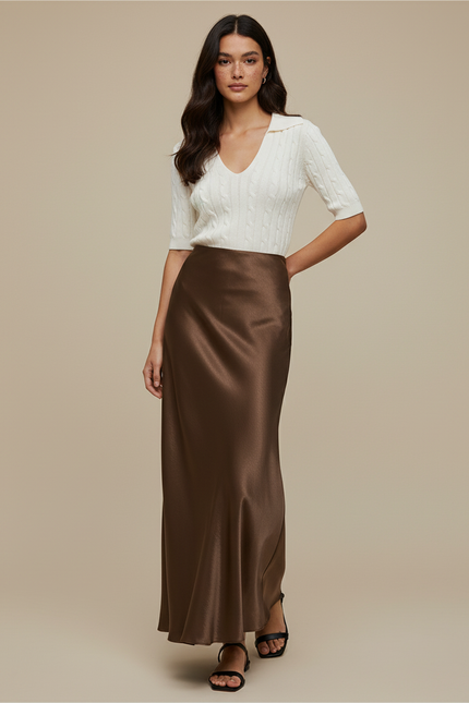 Jupe Satin Marron Longue Élégante Raffinée