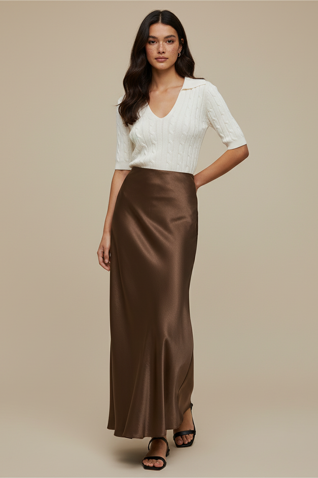 Jupe Satin Marron Longue Élégante Raffinée
