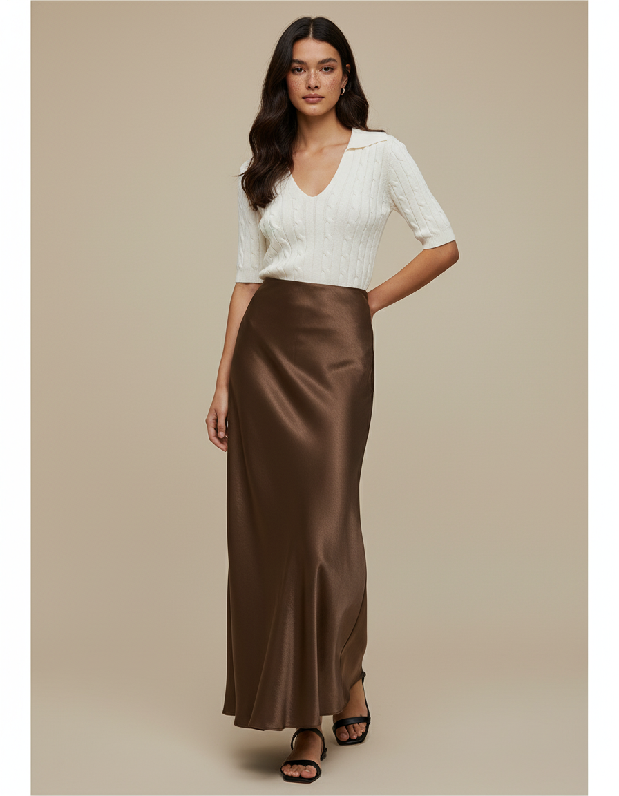 Jupe Satin Marron Longue Élégante Raffinée