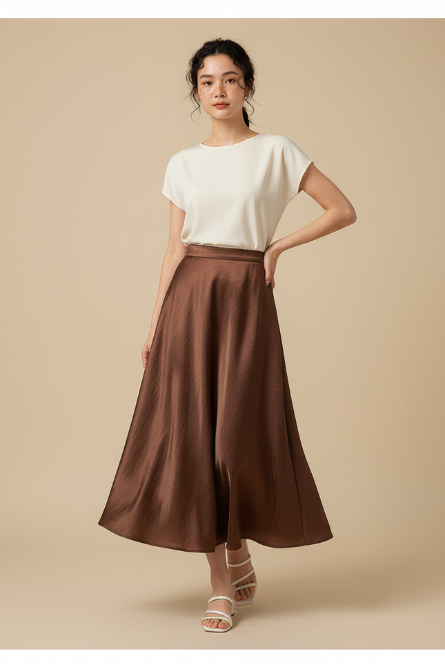 Jupe Satin Marron Évasée Élégante Fluide