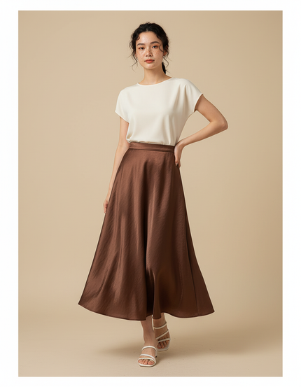 Jupe Satin Marron Évasée Élégante Fluide