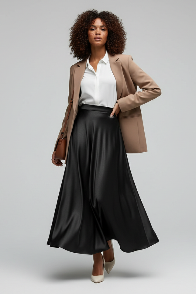 Jupe Satin Noire Fluide Élégante Chic