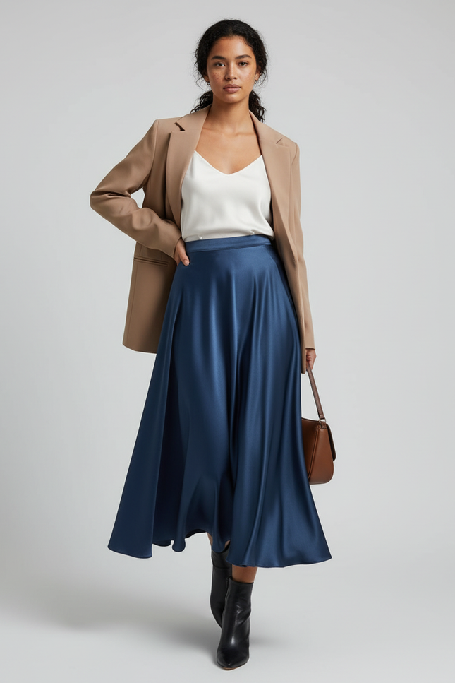 Jupe Satin Bleue Fluide Élégante