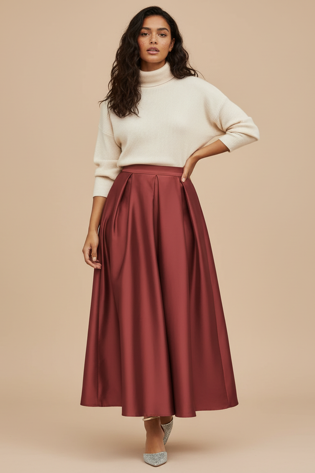 Jupe Plissée Longue Rouge Satin