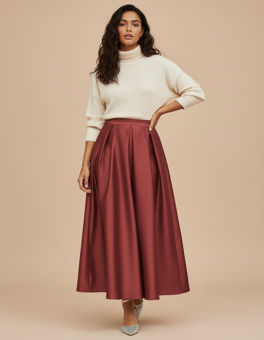 Jupe Plissée Longue Rouge Satin