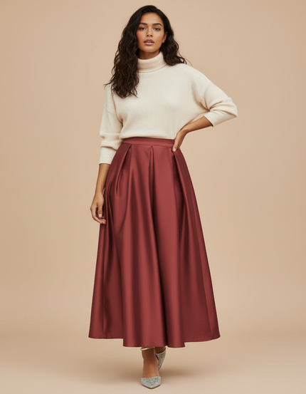 Jupe Plissée Longue Rouge Satin