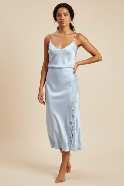 Jupe Satin Bleu Pâle Dentelle Élégante