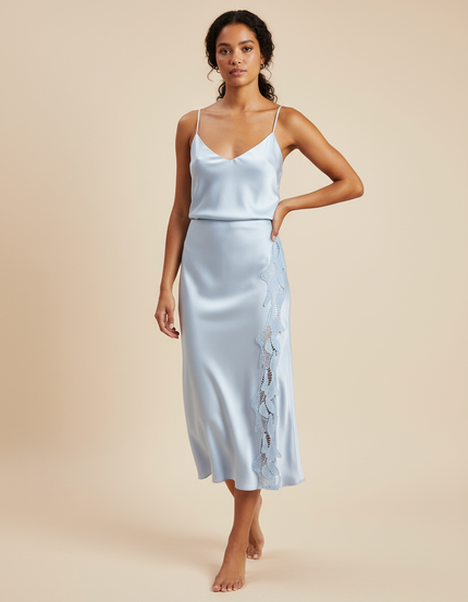 Jupe Satin Bleu Pâle Dentelle Élégante