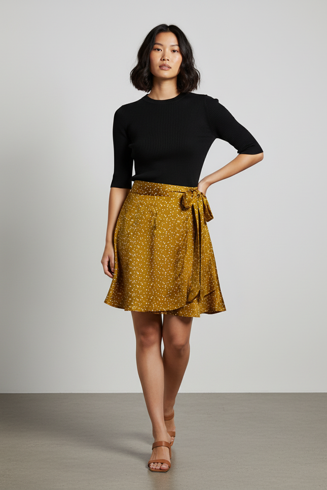 Jupe Satin Portefeuille Moutarde À Pois Fluide