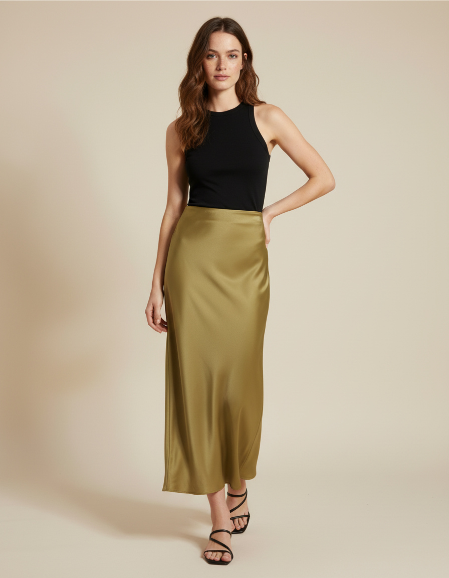 Jupe Satin Vert Olive Longue Élégante Naturelle