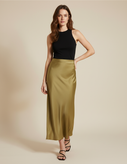 Jupe Satin Vert Olive Longue Élégante Naturelle