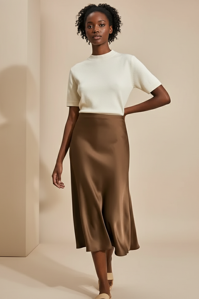 Jupe Satin Marron Fluide Élégante Souple