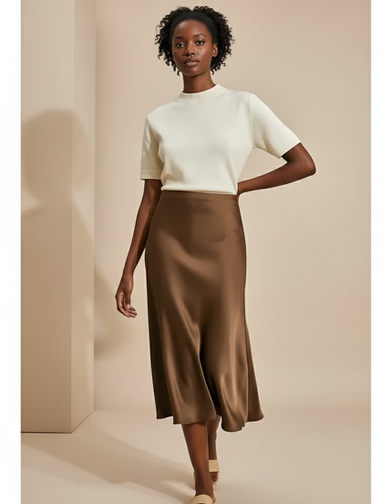 Jupe Satin Marron Fluide Élégante Souple