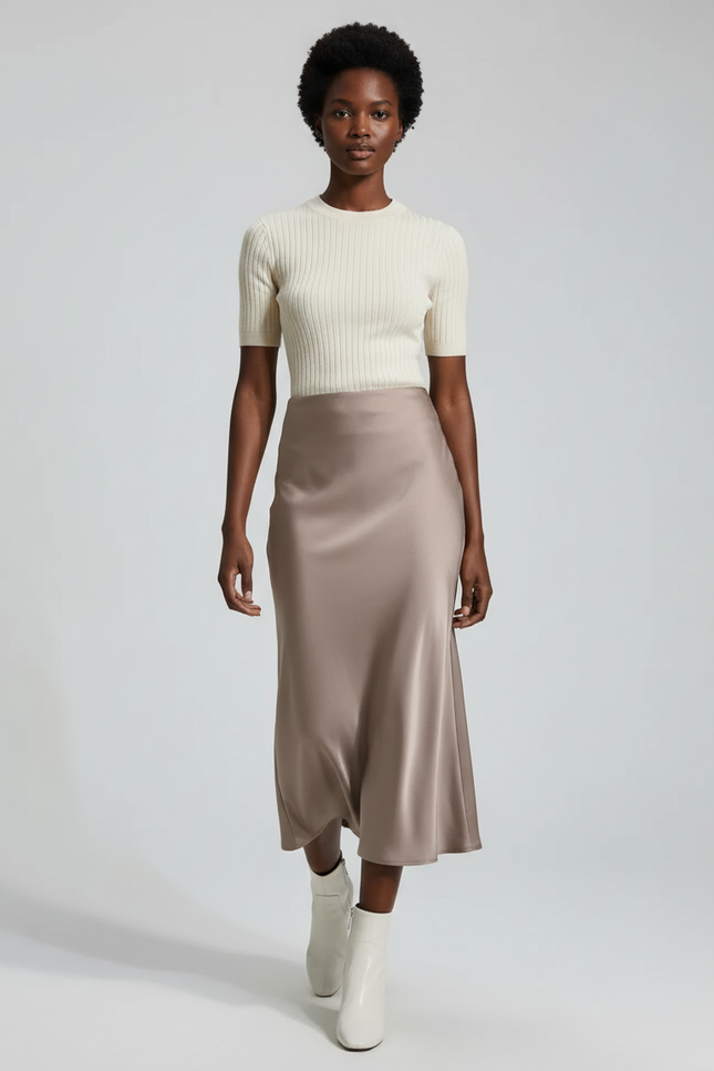 Jupe Satin Taupe Longue Fluide