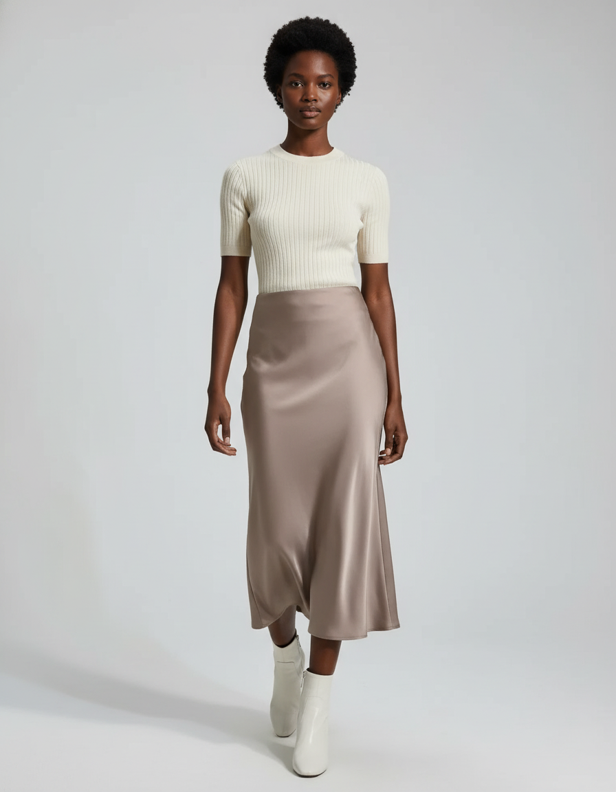 Jupe Satin Taupe Longue Fluide