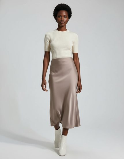 Jupe Satin Taupe Longue Fluide