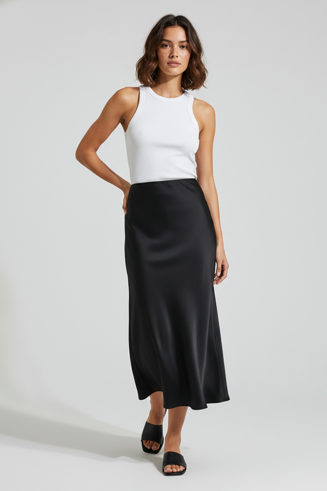 Jupe Satin Noire Longue Fluide Aérienne