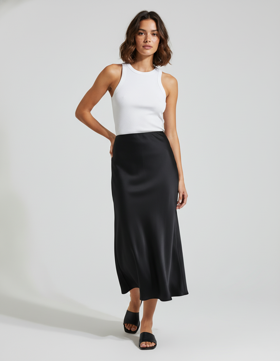 Jupe Satin Noire Longue Fluide Aérienne