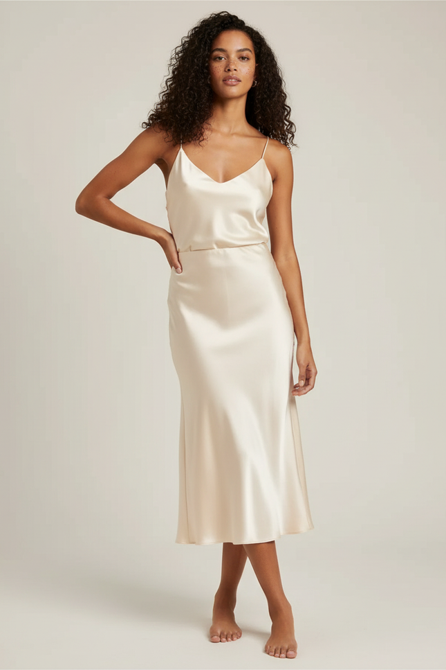 Jupe Satin Beige Mi-Longue Élégante