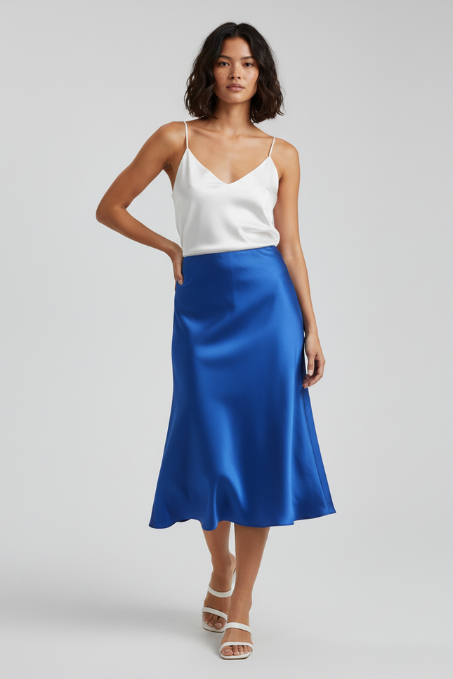 Jupe Satin Bleue Fluide Élégante Marine