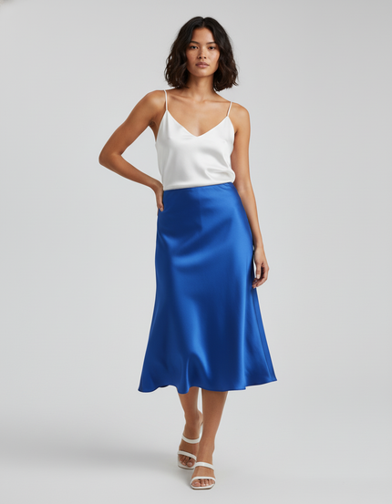 Jupe Satin Bleue Fluide Élégante Marine