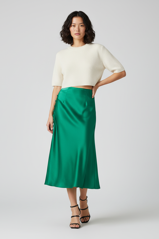 Jupe Satin Fluide Verte Élégante