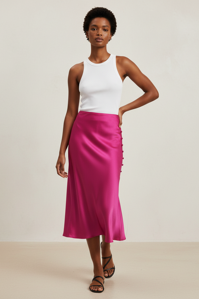 Jupe Satin Fuchsia Boutonnée Chic