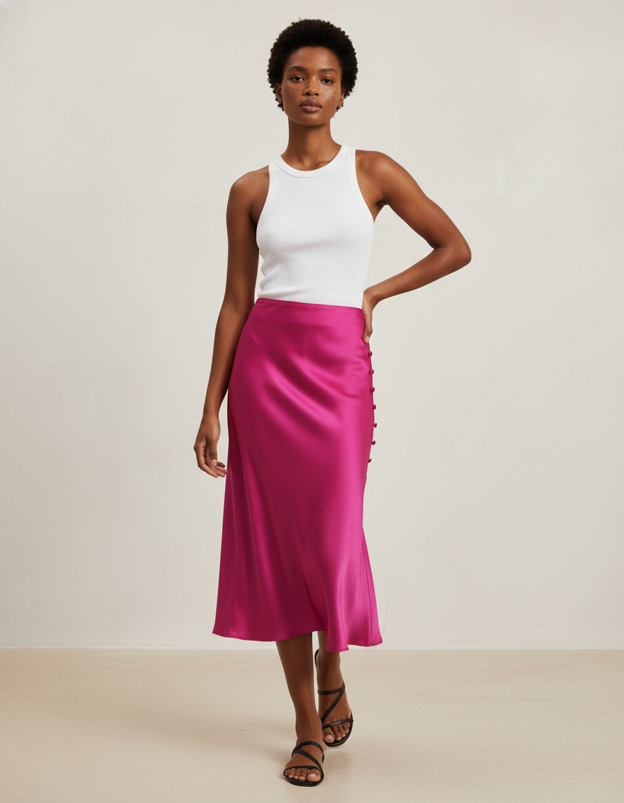 Jupe Satin Fuchsia Boutonnée Chic