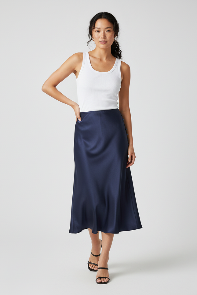 Jupe Satin Bleu Marine Évasée Fluide