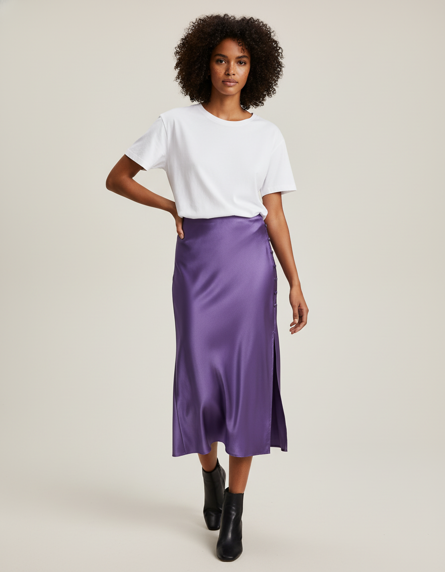 Jupe Satin Violette Fendue Élégante