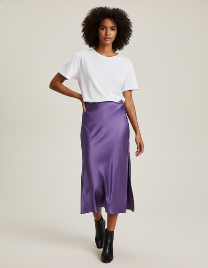 Jupe Satin Violette Fendue Élégante