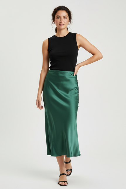 Jupe Satin Vert Boutons Élégante
