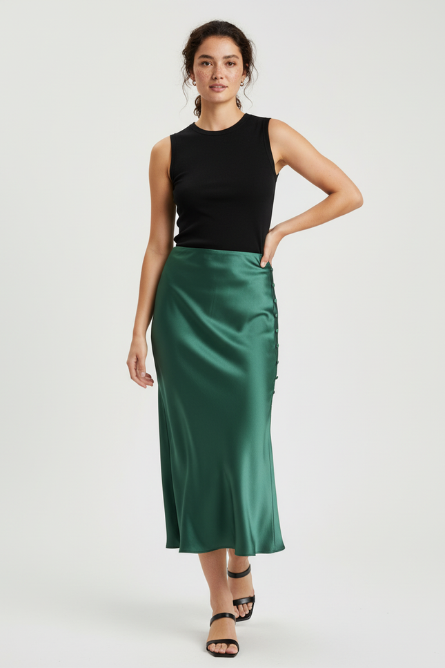 Jupe Satin Vert Boutons Élégante
