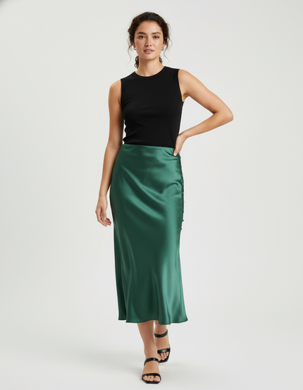 Jupe Satin Vert Boutons Élégante