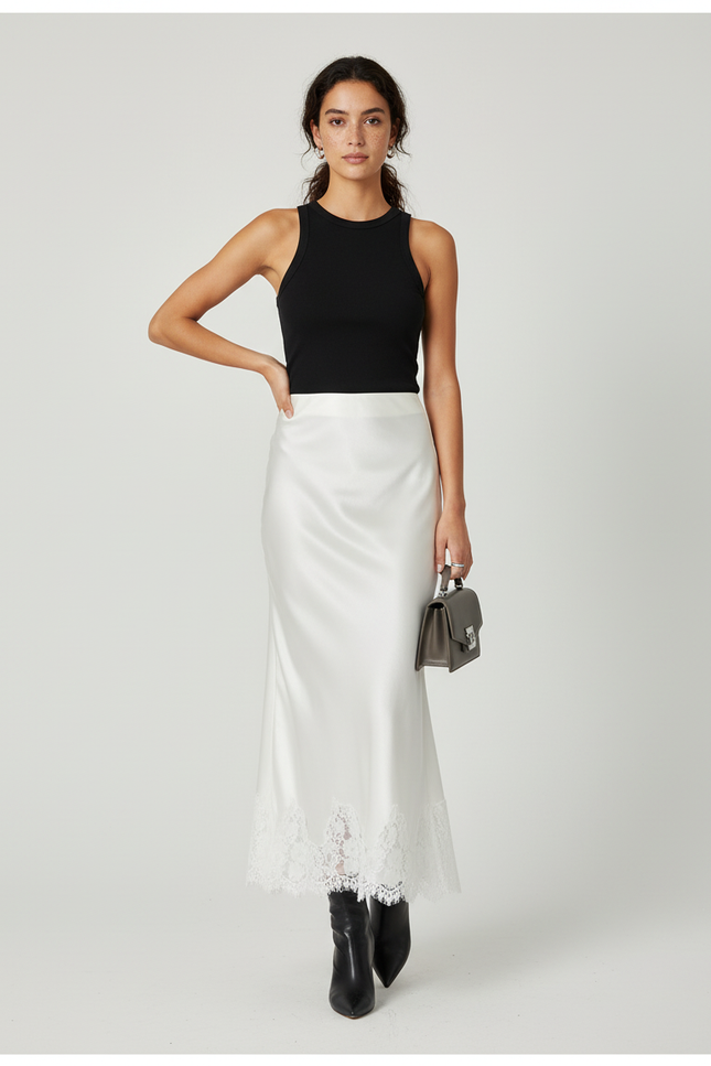 Jupe Satin Blanche Dentelle Élégante