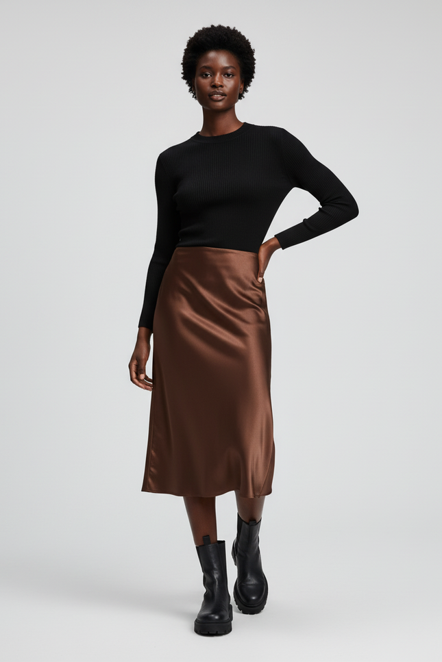 Jupe Satin Midi Marron Élégante