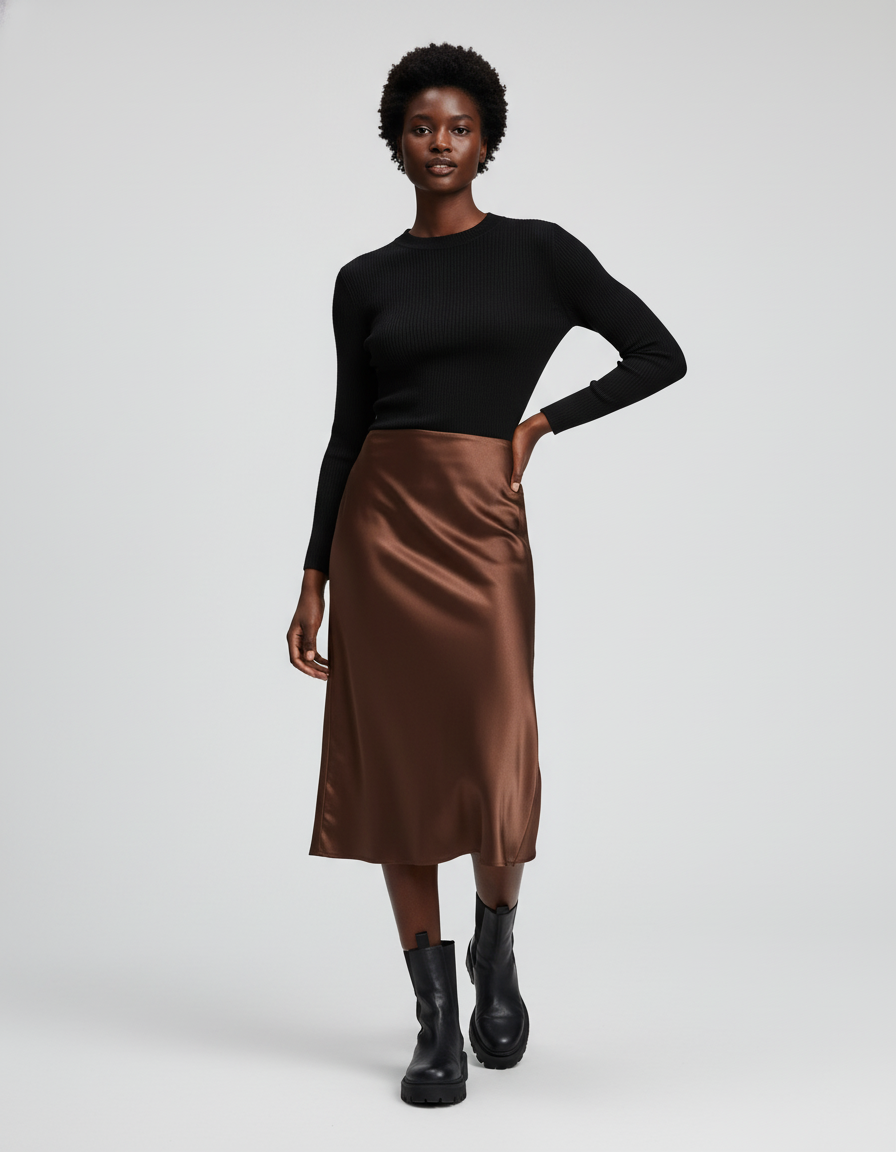 Jupe Satin Midi Marron Élégante
