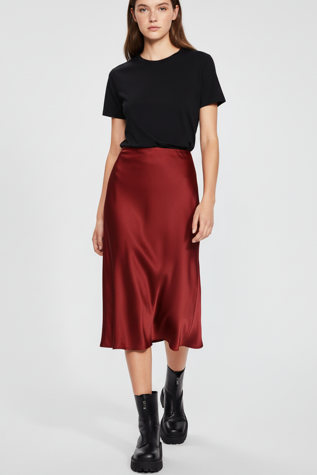 Jupe Satin Bordeaux Midi Élégante