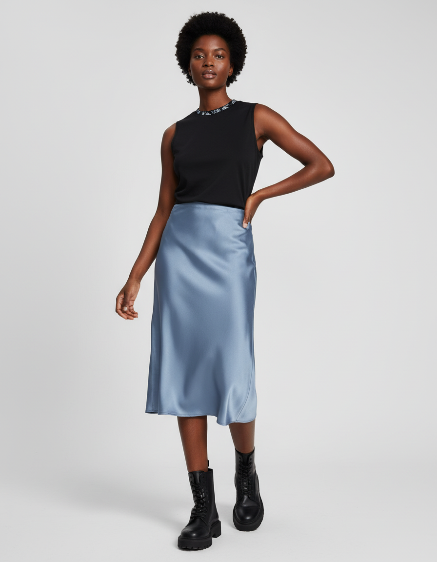 Jupe Satin Bleu Poudré Fluide Élégante