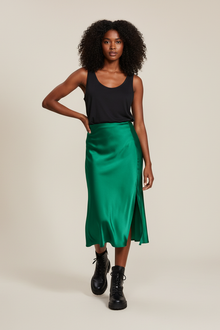 Jupe Satin Verte Fendue Fluide
