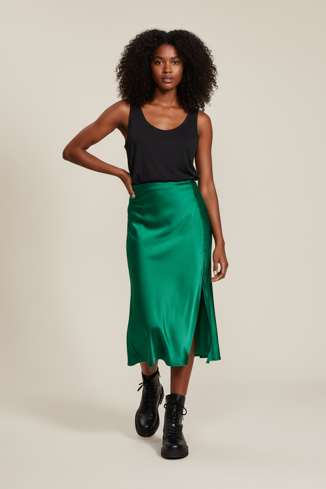 Jupe Satin Verte Fendue Fluide