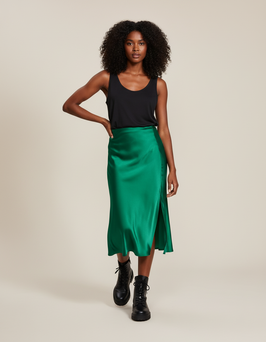 Jupe Satin Verte Fendue Fluide