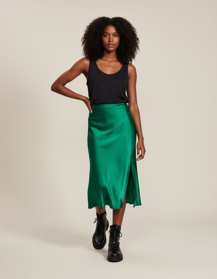 Jupe Satin Verte Fendue Fluide