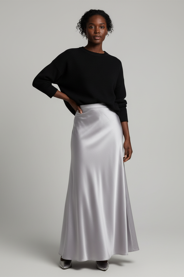 Jupe Satin Longue Argentée Élégante