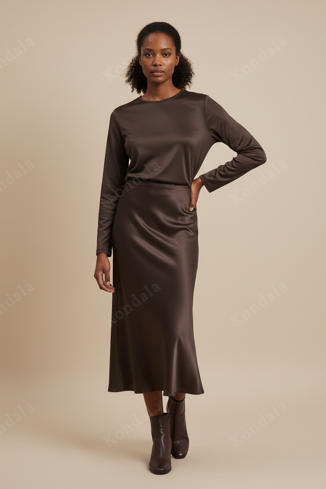 Jupe Satin Midi Marron Élégante Quotidienne