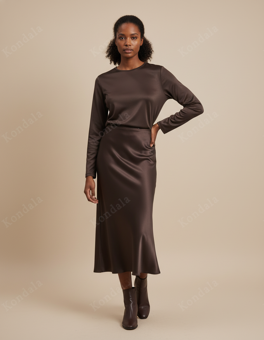 Jupe Satin Midi Marron Élégante Quotidienne