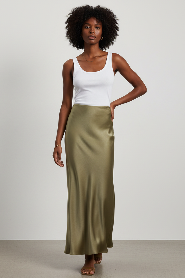 Jupe Satin Kaki Longue Fluide