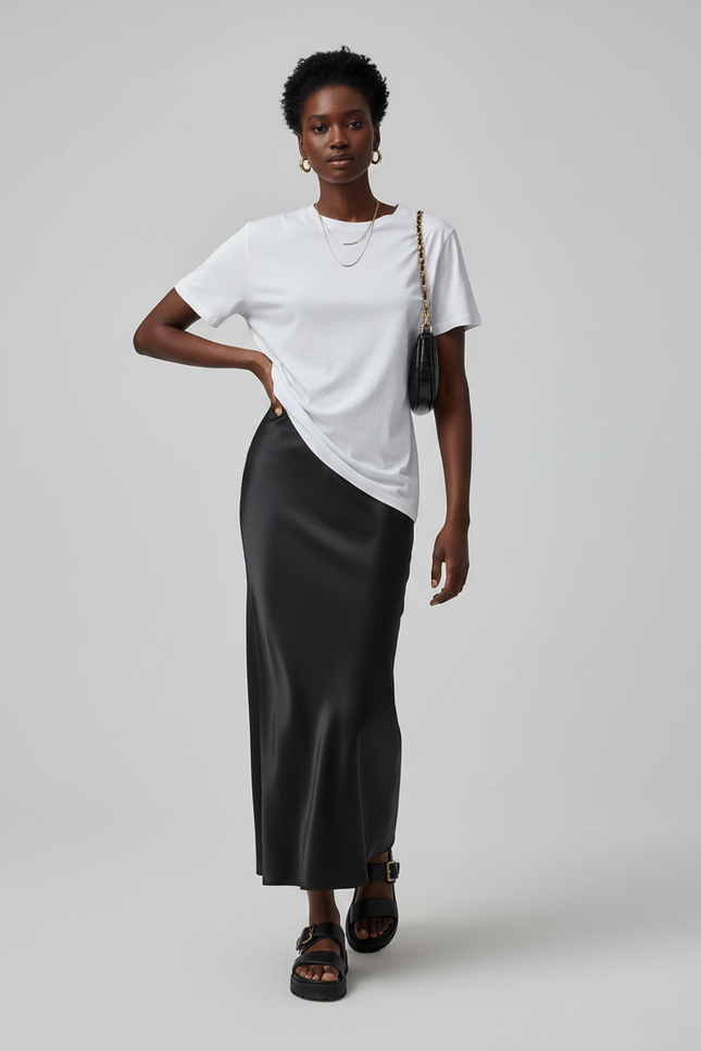 Jupe Satin Noir Fluide Chic