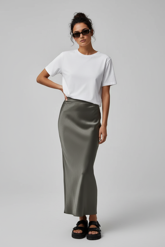 Jupe Satin Longue Kaki Fluide