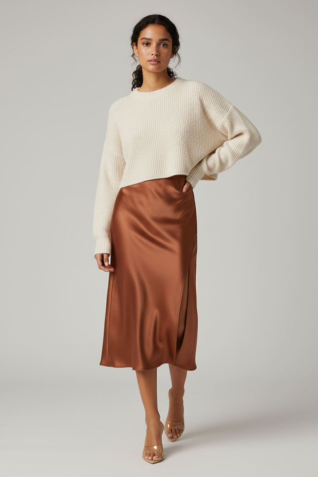 Jupe Satin Marron Fendue Fluide